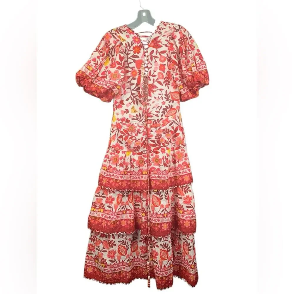 Farm Rio size XS romantic orchard tiered midi dress pink red white - Picture 3 of 15